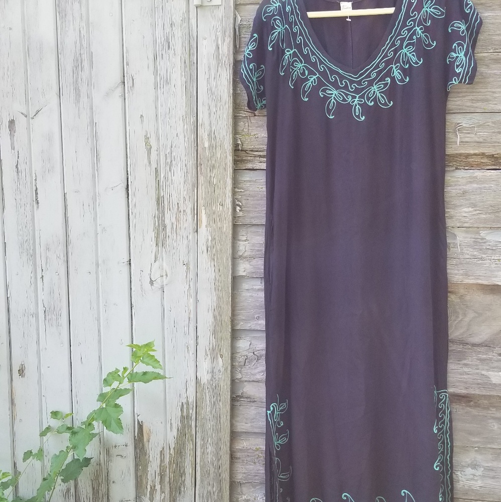 Boho Embroidery Black Maxi Hippie Dress